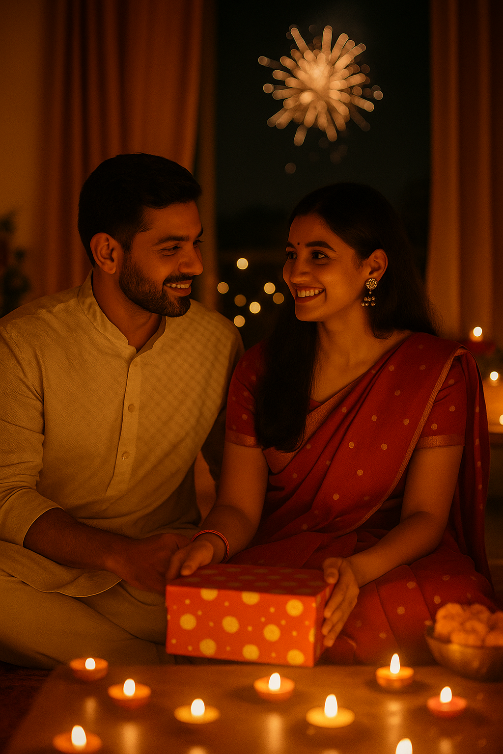 Couple exchanging gifts during Diwali with candles and decorative lights in the background